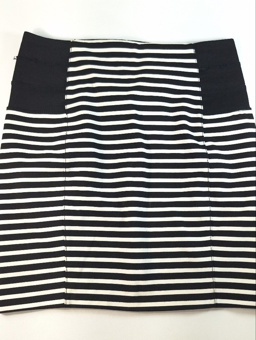 Dynamite Black White Striped Bodycon Mini Skirt Elastic Side Waist Panels, Small
